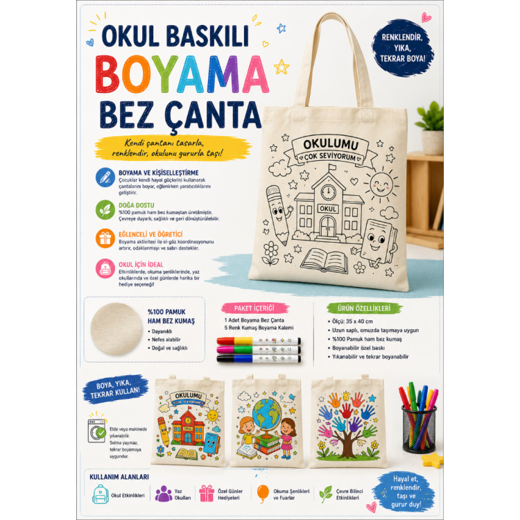 Okul Hediyeleri - boyama bez çanta