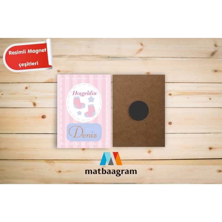 Temalı Pembe Renk Ahşap Baskılı Magnet