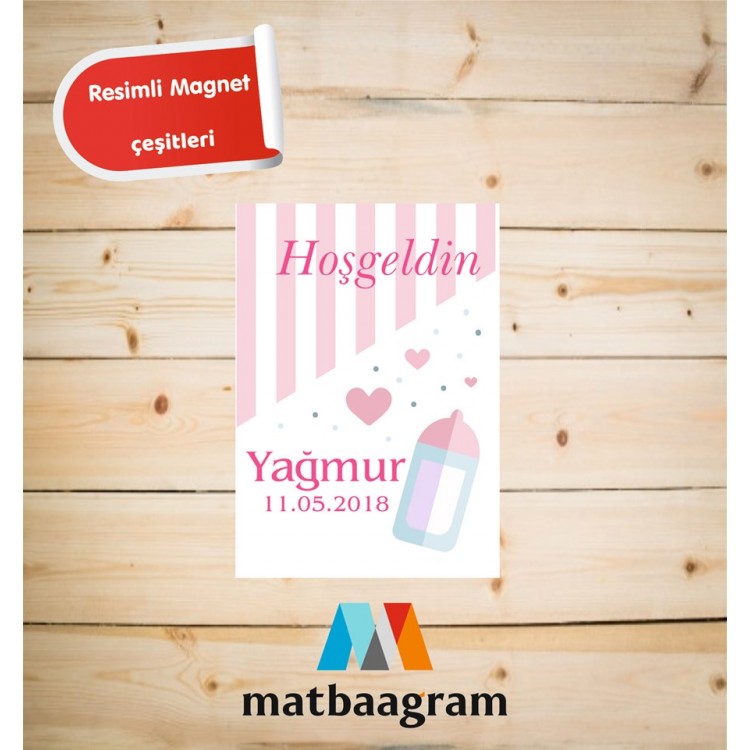Pembe Renk Biberon Temalı Hoşgeldin Bebek Magneti