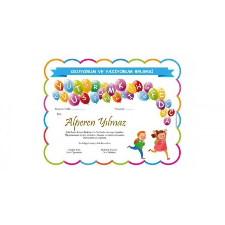 Okula Özel Belge Basımı - okuyorum yazıyorum belgesi